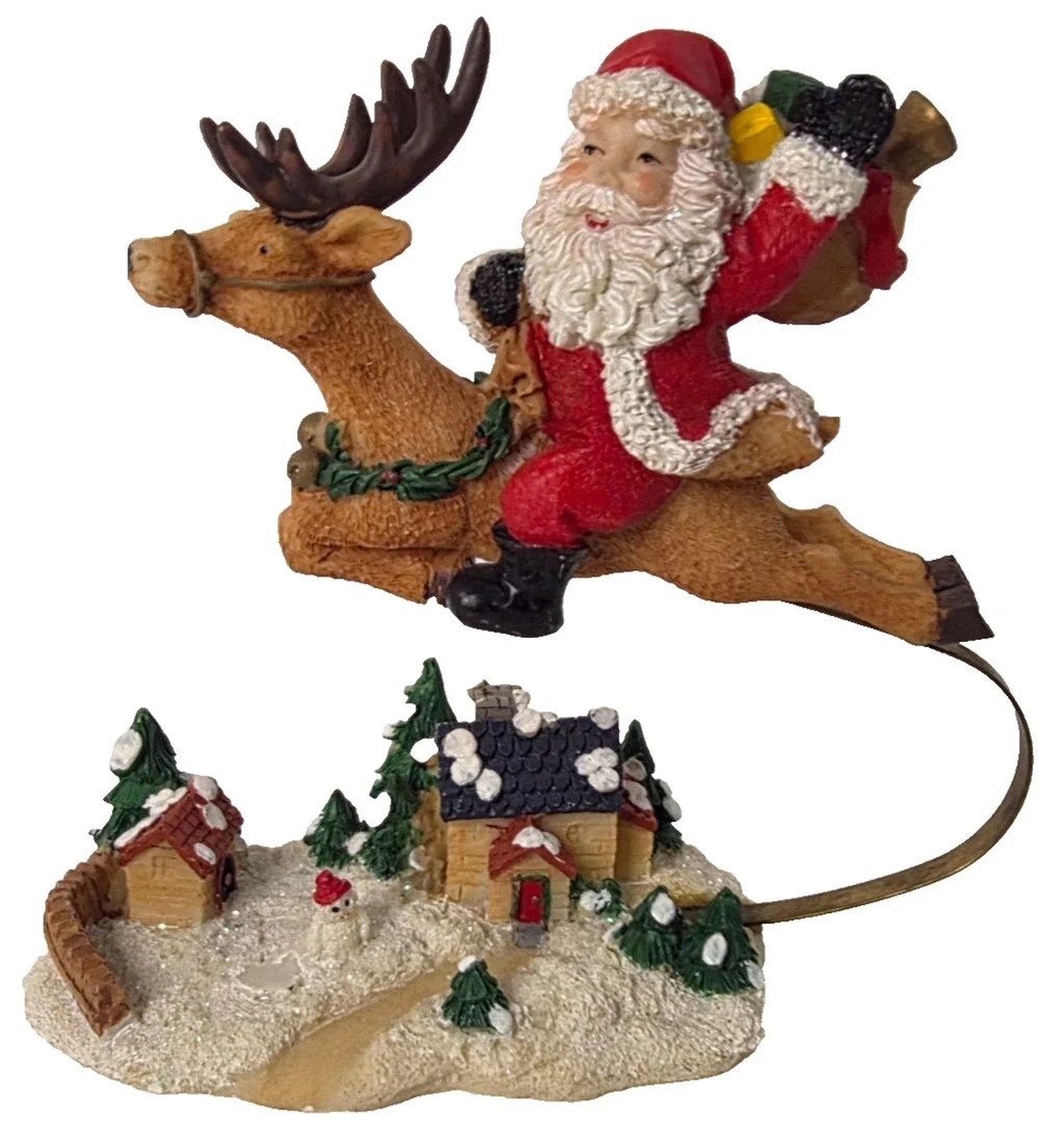 Santa Claus Riding Reindeer Kinetic Christmas Village Resin Figurine Decor
